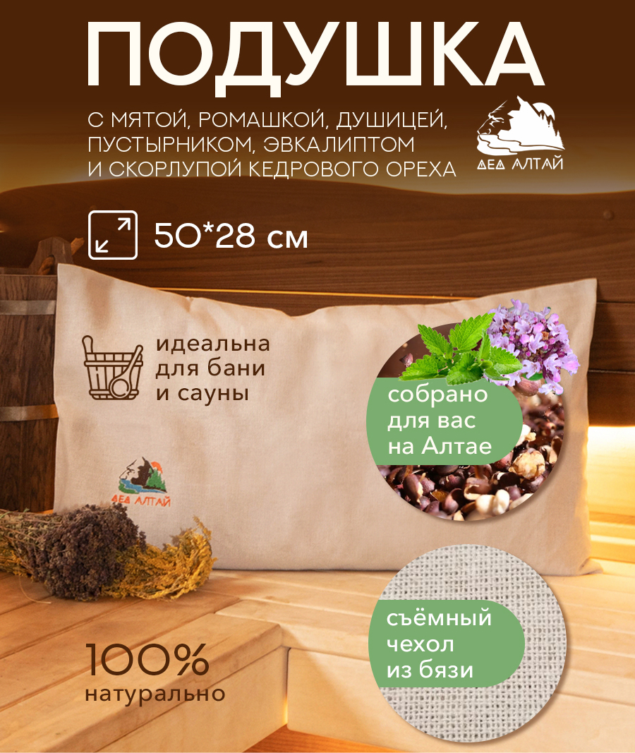 Подушка основа 50*28 СПАНБОНД (мята,эвкалипт,душица, ромашка,пустырник+кедр скорлп)+Чехол 50*28 БЯЗЬ